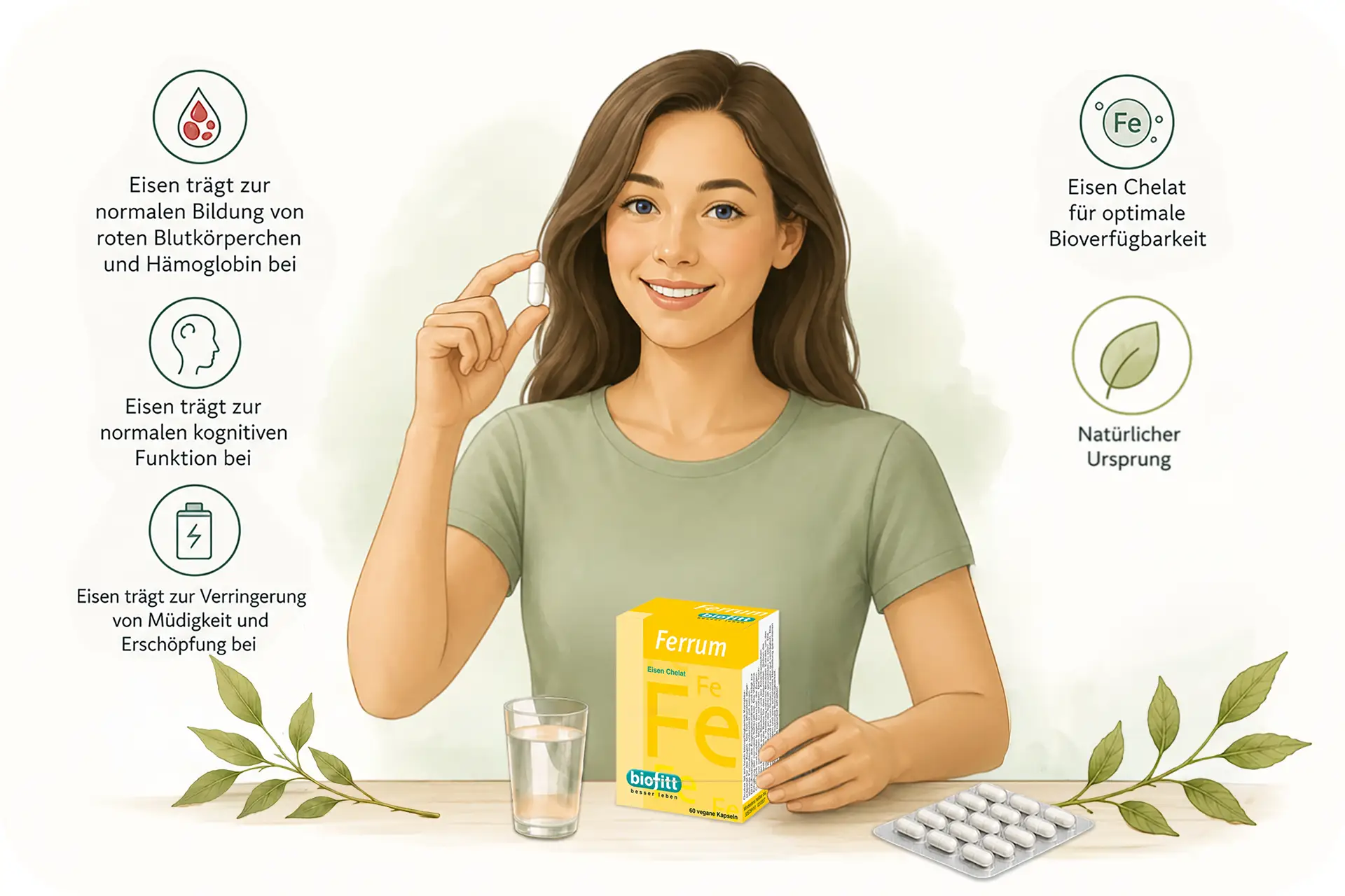 Illustration einer Frau mit Ferrum-Kapsel, Wasserglas, Packung und Hinweisen zu Blutbildung, kognitiver Funktion und Müdigkeit