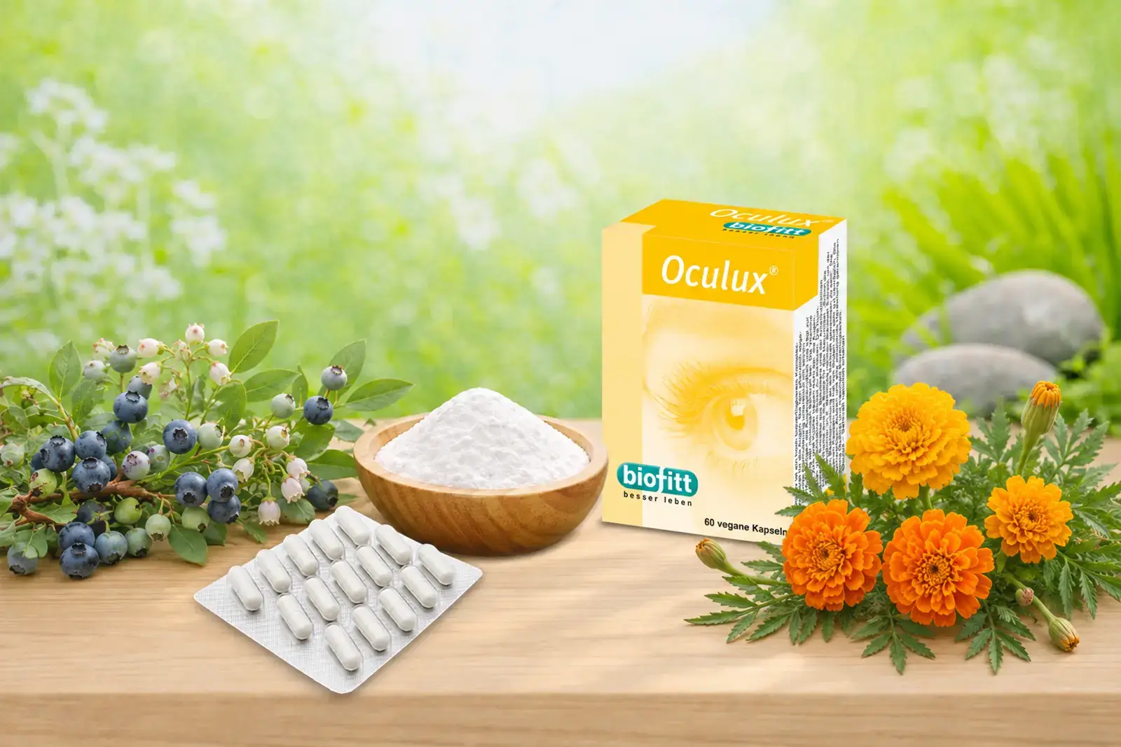 Themenbanner zur biofitt Oculux Rezeptur mit ausgewählten Pflanzenextrakten, Mikronährstoffen und natürlichen Rohstoffen für eine bewusste Augenversorgung.