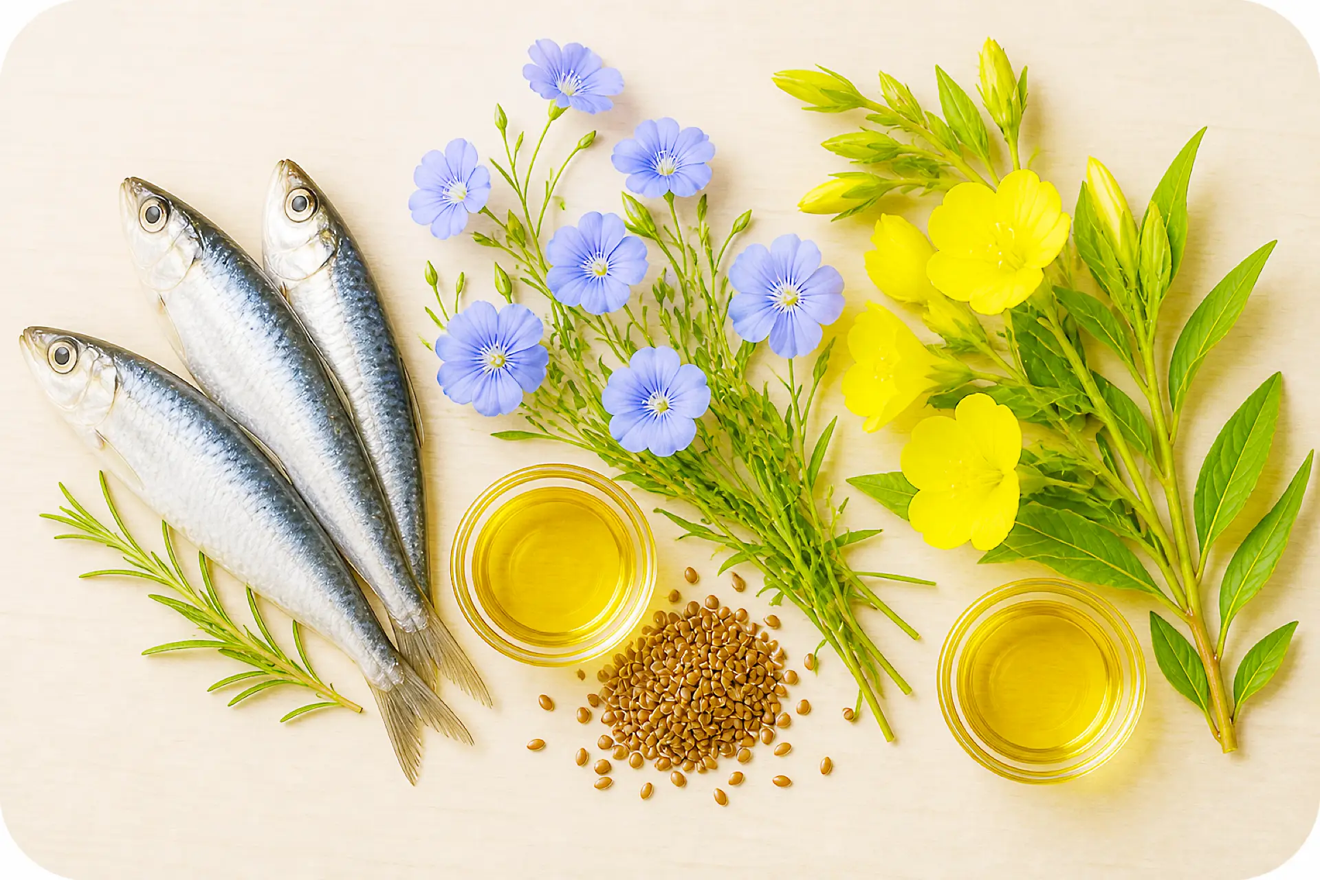 Omega 3-6-9 Fettsäuren aus Fisch und Pflanzenoelen Zutaten Fische und Pflanzen