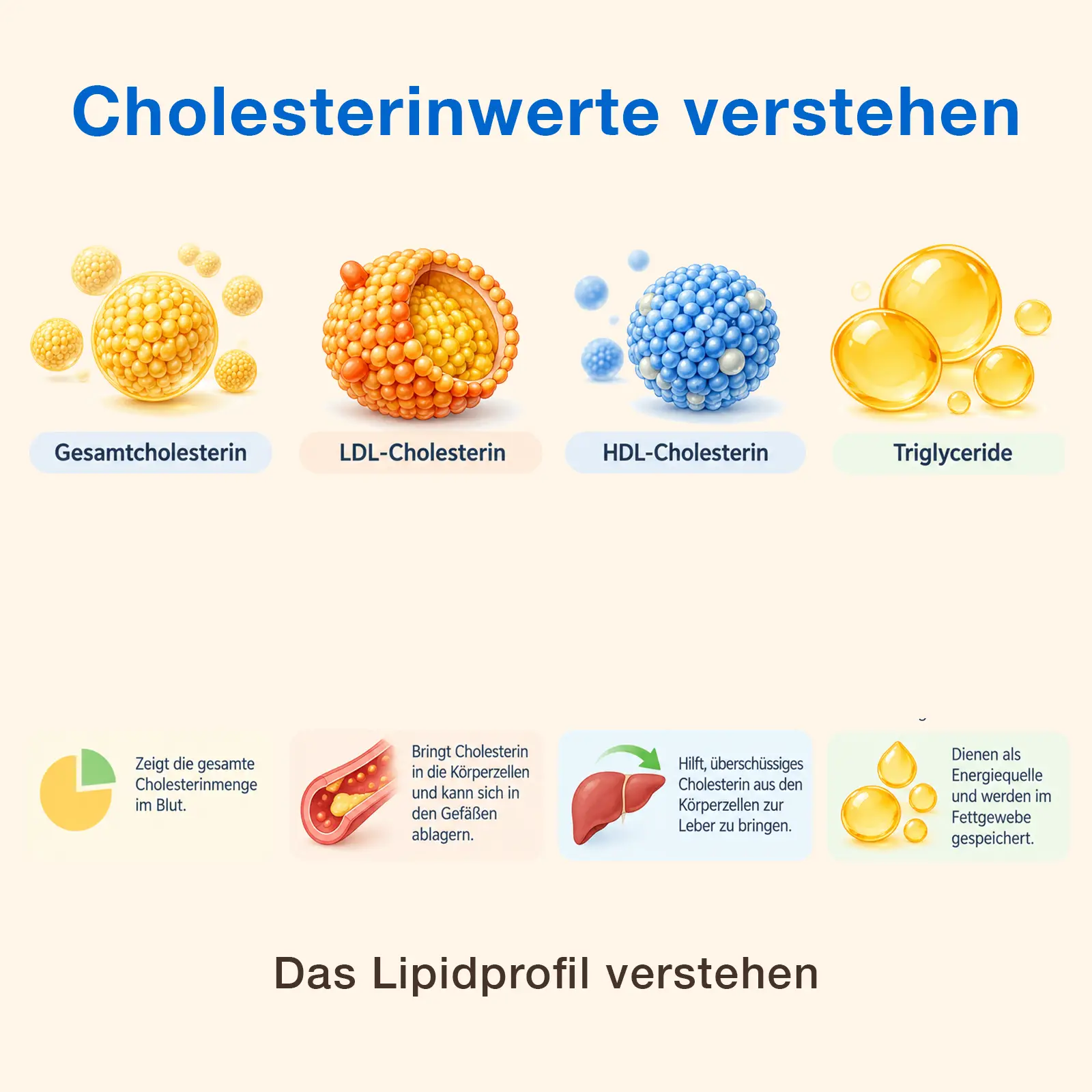 Übersicht der Blutfettwerte Gesamtcholesterin, LDL-Cholesterin, HDL-Cholesterin und Triglyceride mit ihren jeweiligen Bedeutungen