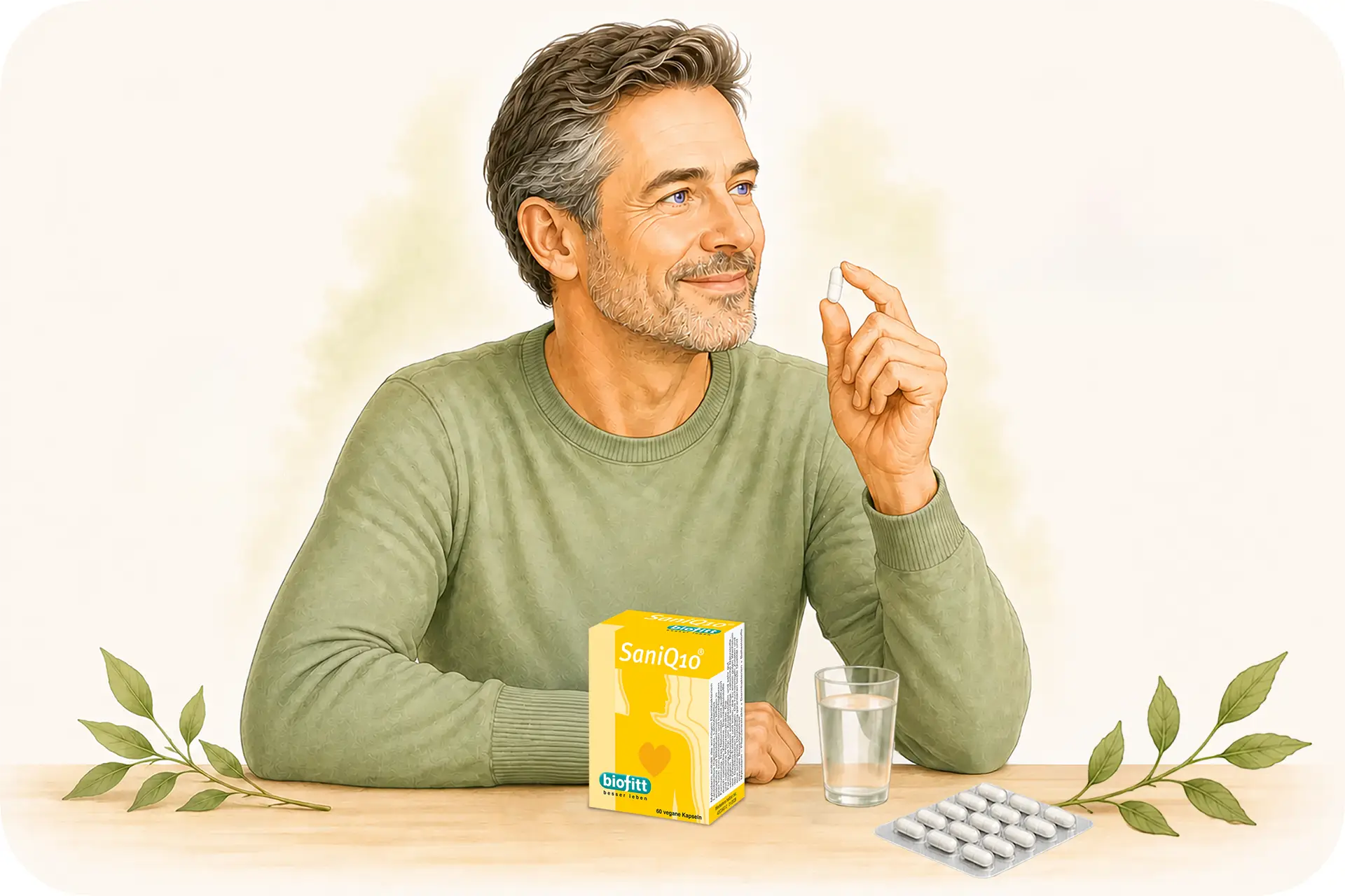 SaniQ10 Energiestoffwechsel Kapseln mit Q10, L-Carnitin, Lecithin und L-Arginin – Illustration der Einnahme