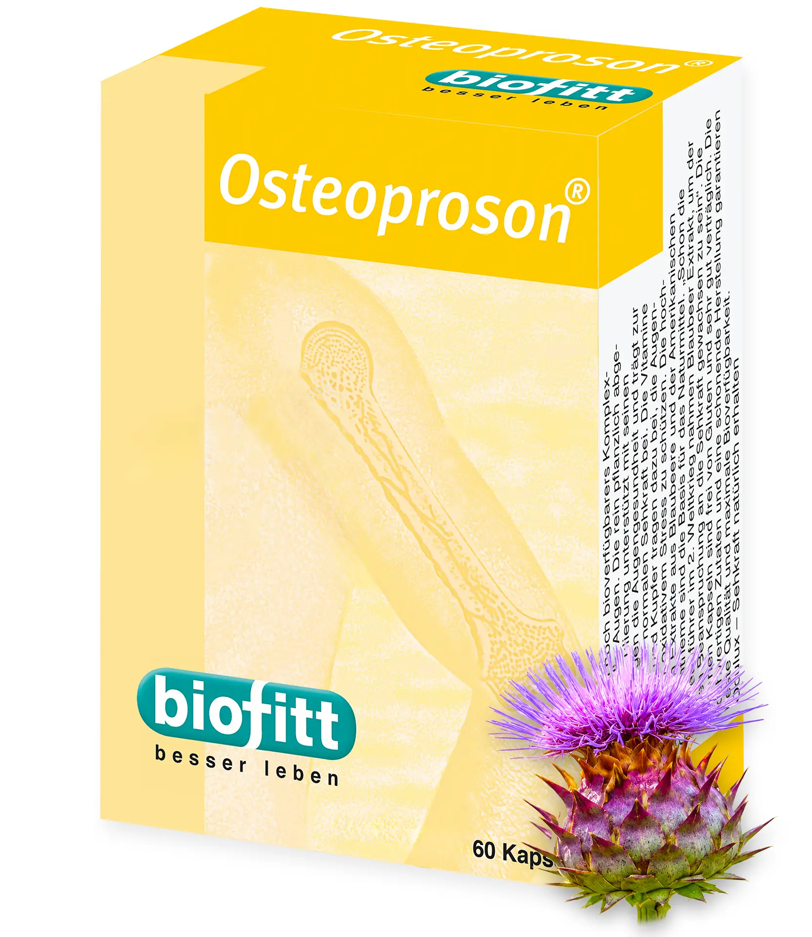 Osteoproson Calcium-Kapseln von biofitt – Originalverpackung des 11-Komponenten-Knochenkomplexes mit Calcium, Vitamin D3 und K2.