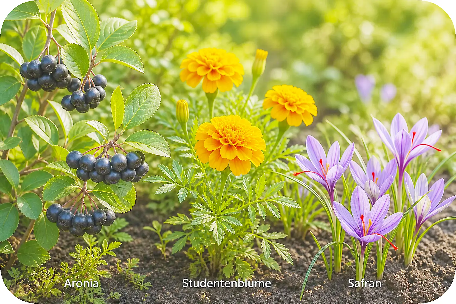Aroniabeeren, orange Studentenblumen und violette Safranblüten als Pflanzenbestandteile von Makularpro
