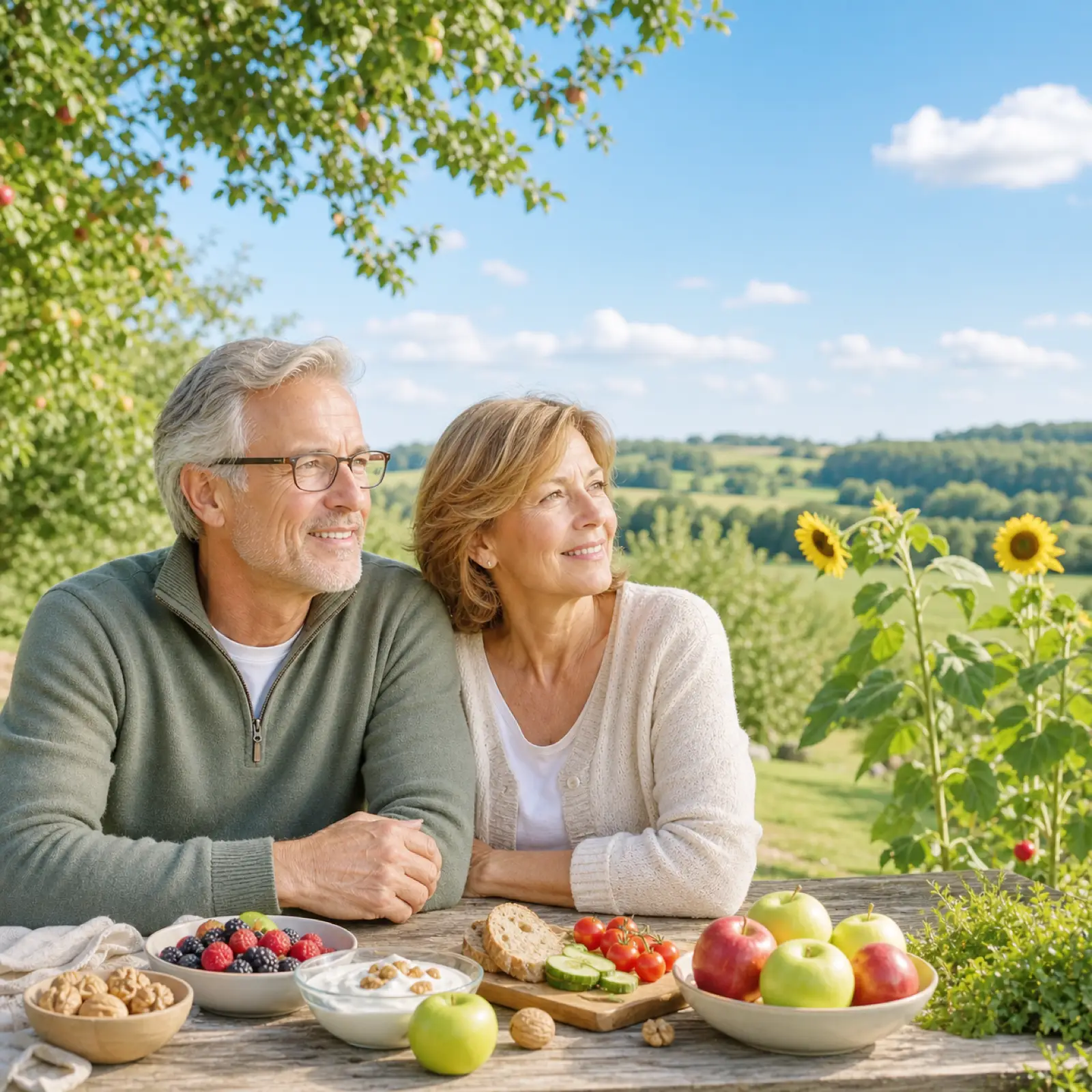 Paar ab 50 an einem Tisch mit ausgewählten Lebensmitteln in spätsommerlicher Landschaft