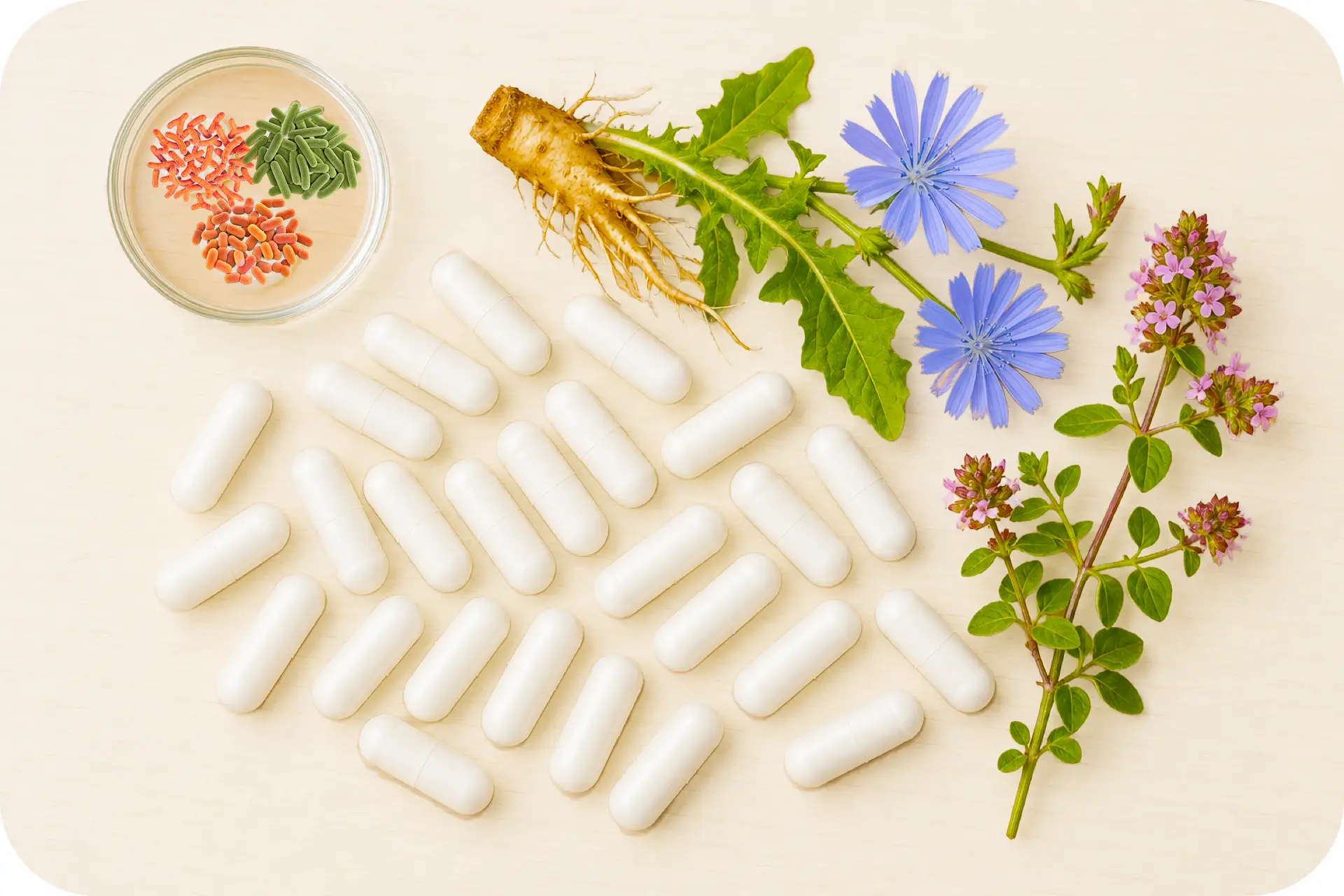Olvuson Kapseln mit Oregano, Inulin und drei Probiotische-Kulturen.