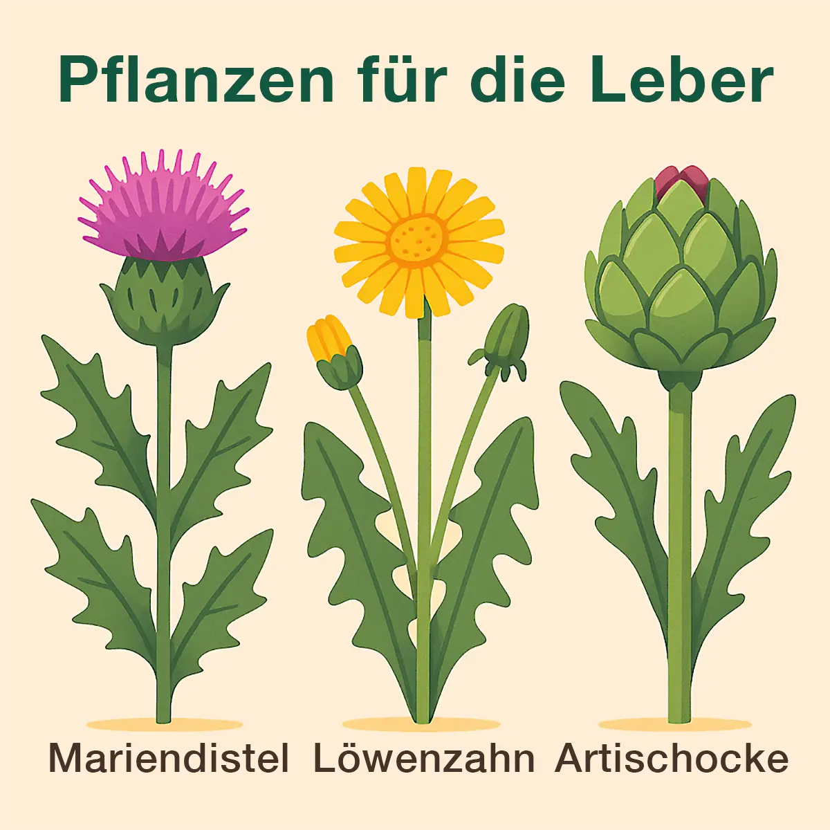 Illustration von Mariendistel, Artischocke und Löwenzahn