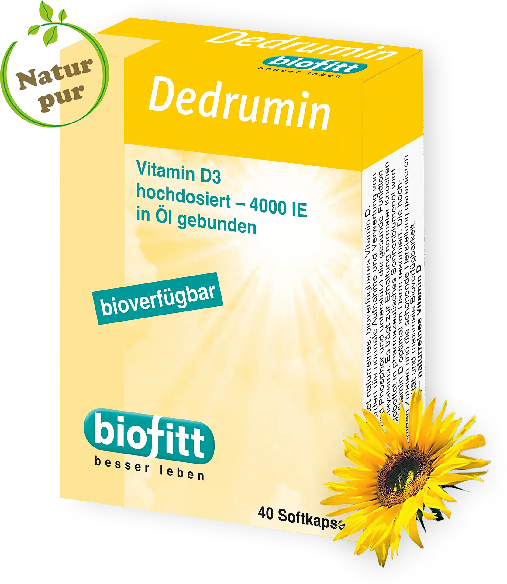 Dedrumin Vitamin D3 Kapseln von biofitt – Produktpackung