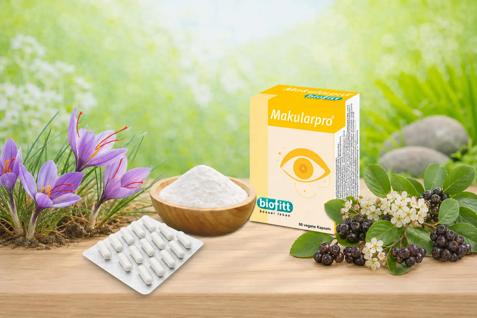Themenbanner zur biofitt Makularpro Rezeptur mit Carotinoiden, Pflanzenextrakten und ausgewählten Rohstoffen für Makula, Retina und Sehkraft.