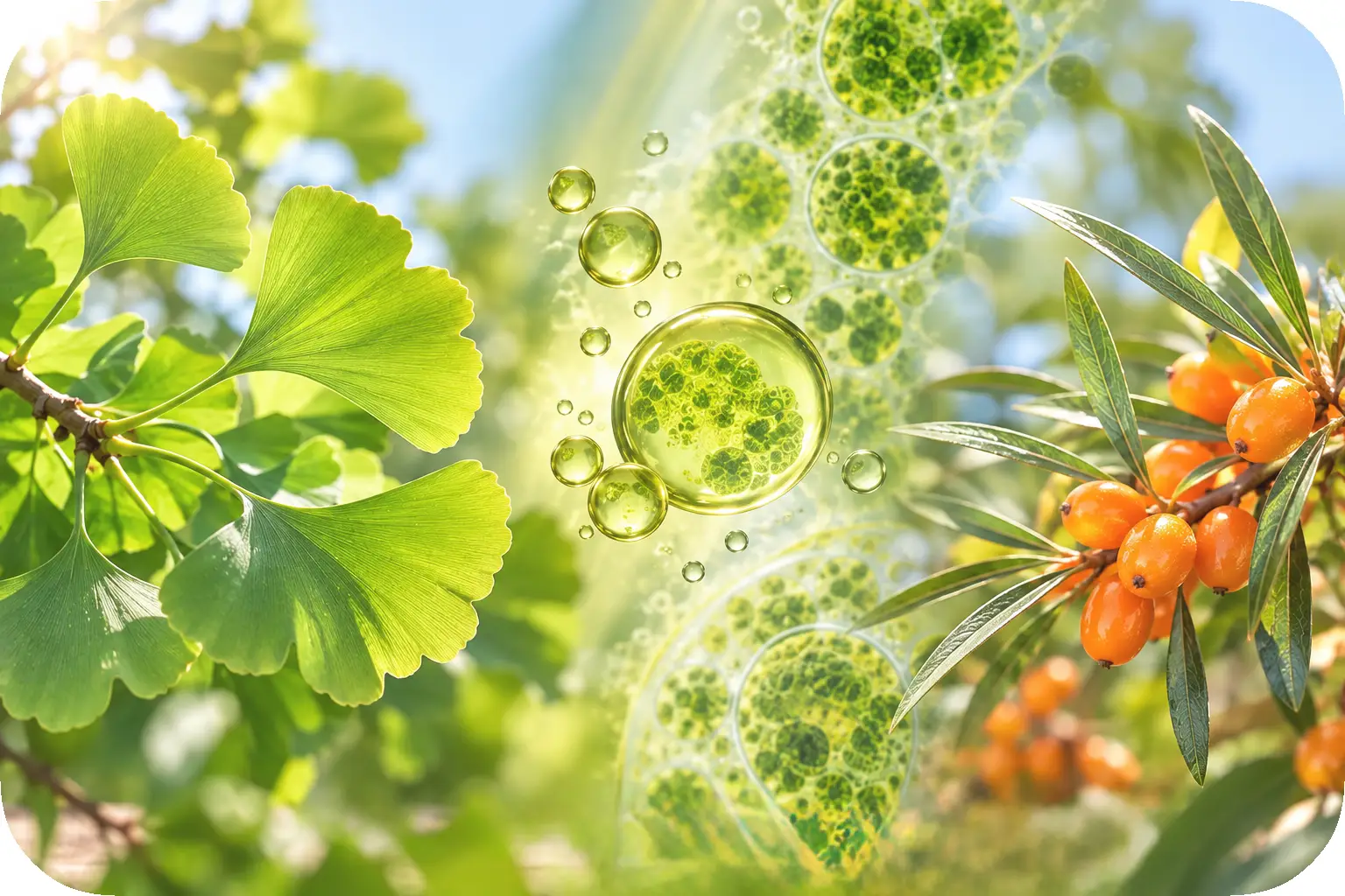 Ginkgo biloba, Mikroalge Schizochytrium und Sanddorn als Inhaltsstoffe von Adolon