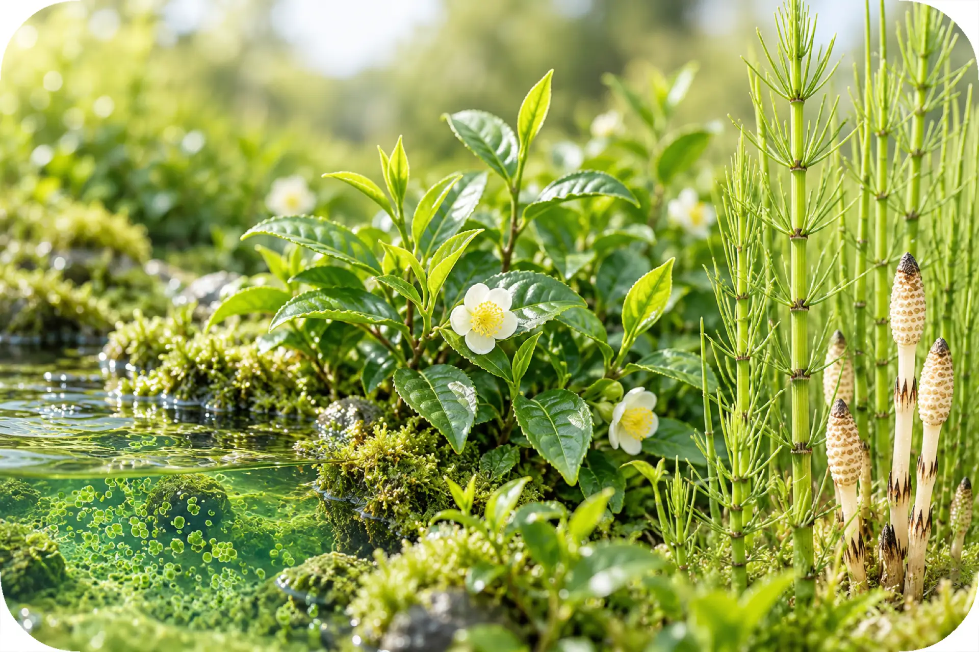 Chlorella, Grüner Tee und Ackerschachtelhalm als pflanzliche Bestandteile von Chlorellasan