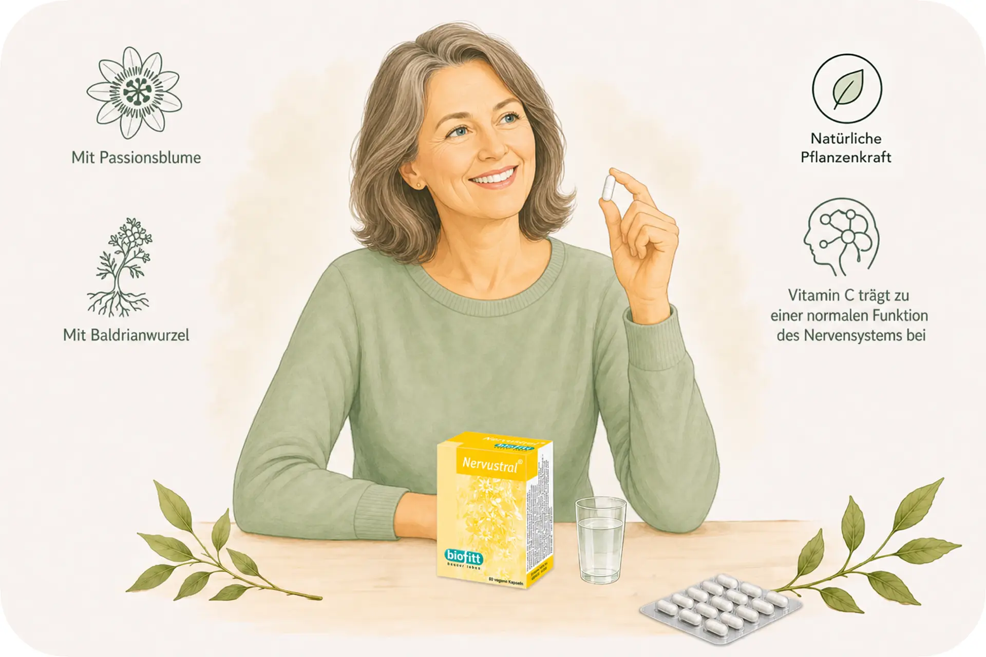 Illustration einer Frau am Tisch mit Pflanzenmotiven und Hinweisen zur Nervustral-Rezeptur