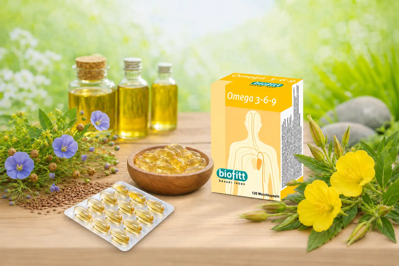 Themenbanner zur biofitt Omega 3-6-9 Rezeptur mit Seefischöl, Leinöl und Nachtkerzenöl für die tägliche Versorgung mit essenziellen Omega-Fettsäuren.