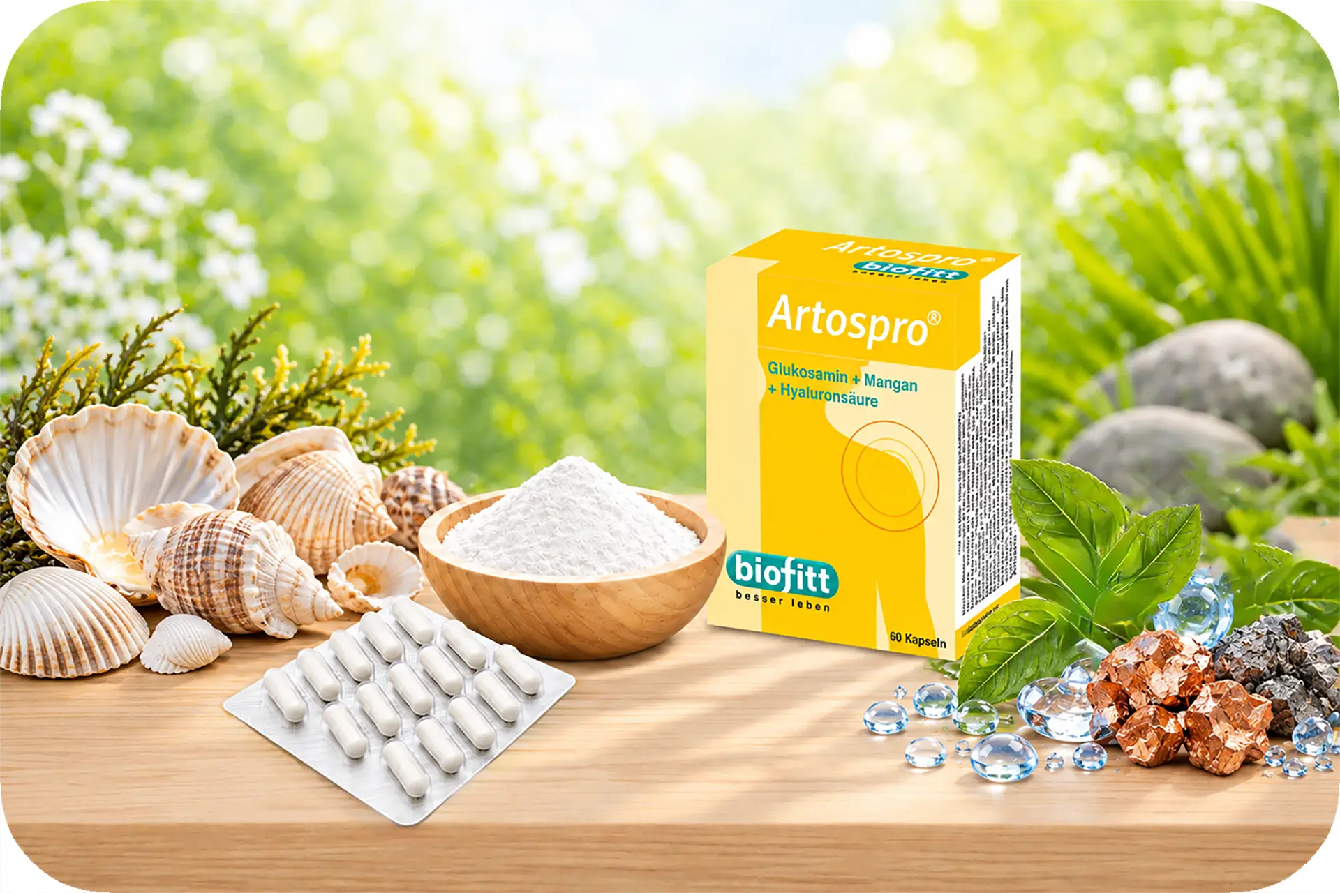 Glucusamin Kapseln aus Schalentieren mit Mangan und Hyaluronsäure.