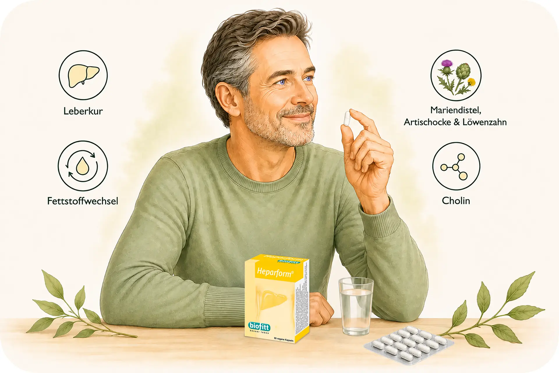 Heparform Leberkur Kapseln mit Cholin, Mariendistel, Artischocke und Löwenzahn – Illustration der Einnahme
