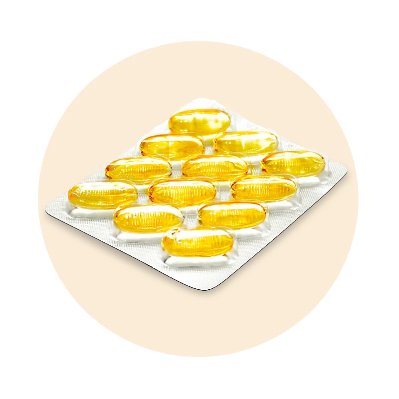 Blister mit goldfarbenen Omega 3-6-9 Softgel-Kapseln