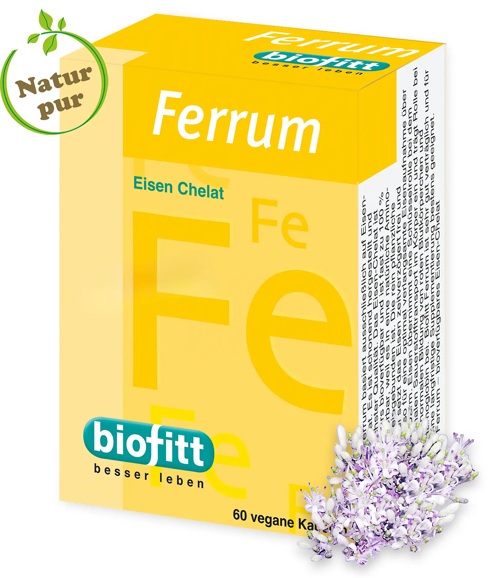Gelbe Ferrum Produktverpackung von biofitt mit Pflanzenmotiv und 60 veganen Kapseln