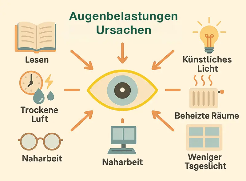 Infografik: Einflüsse auf den Augeninnendruck – Lesen, Computerarbeit, künstliches Licht, beheizte Räume
