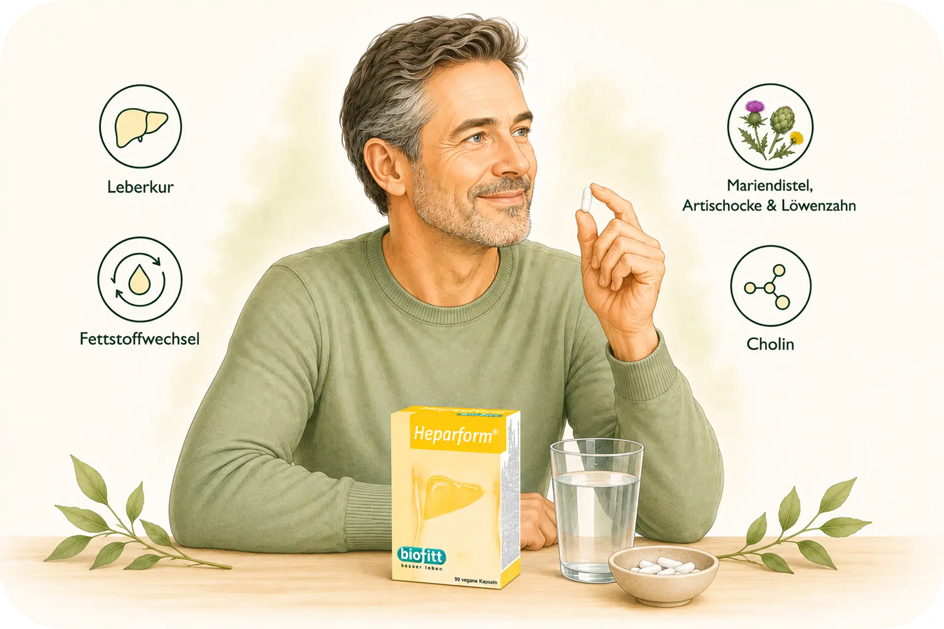 Illustration: Mann hält eine Heparform-Kapsel neben Packung und Wasserglas; Symbole zeigen Leberkur, Fettstoffwechsel, Mariendistel, Artischocke, Löwenzahn und Cholin