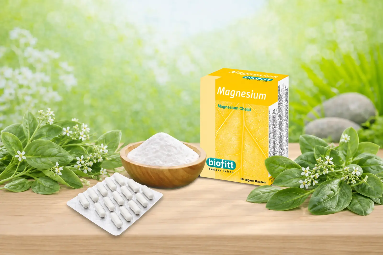 Themenbanner zur biofitt Magnesiumbisglycinat Rezeptur mit hochwertigem Magnesium in Chelat-Form für eine bewusste Versorgung von Muskeln und Nervensystem.