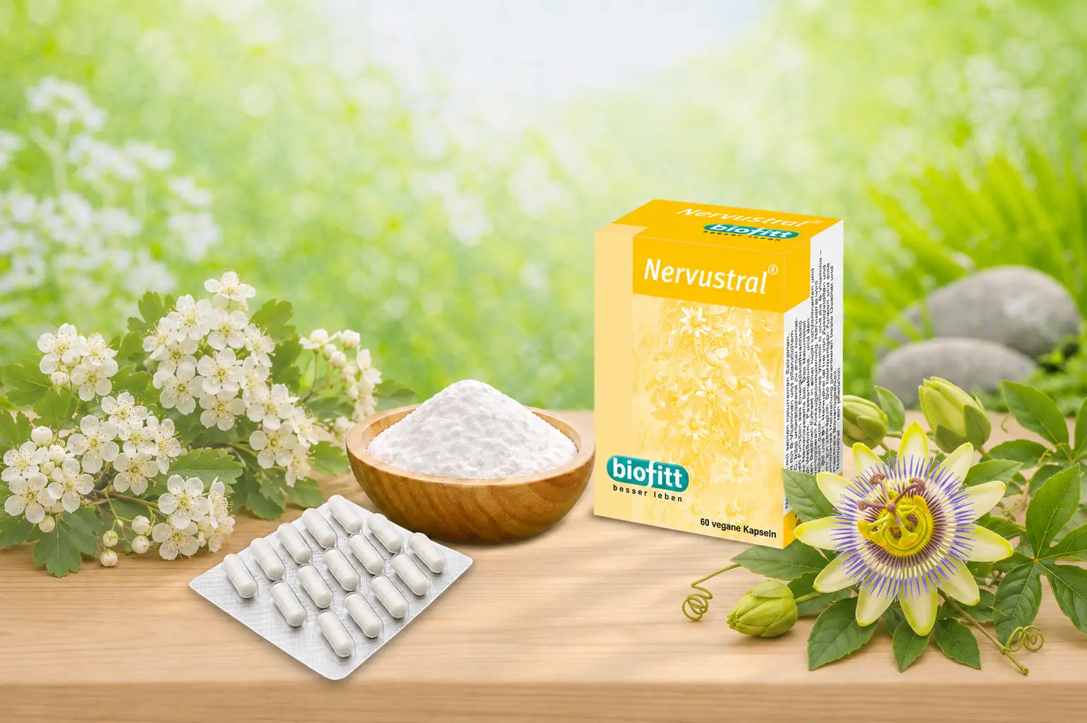 Nervustral Packung mit Kapselblister, Weißdorn und Passionsblume
